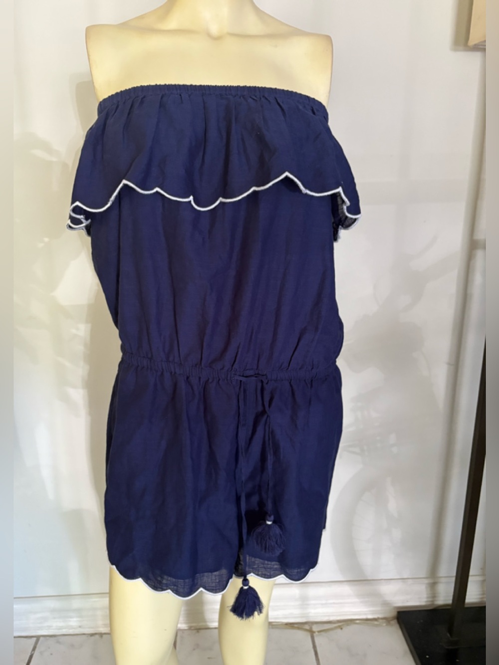 Vineyard Vines Navy Off-the-Shoulder Drawstring Romper with White Trim